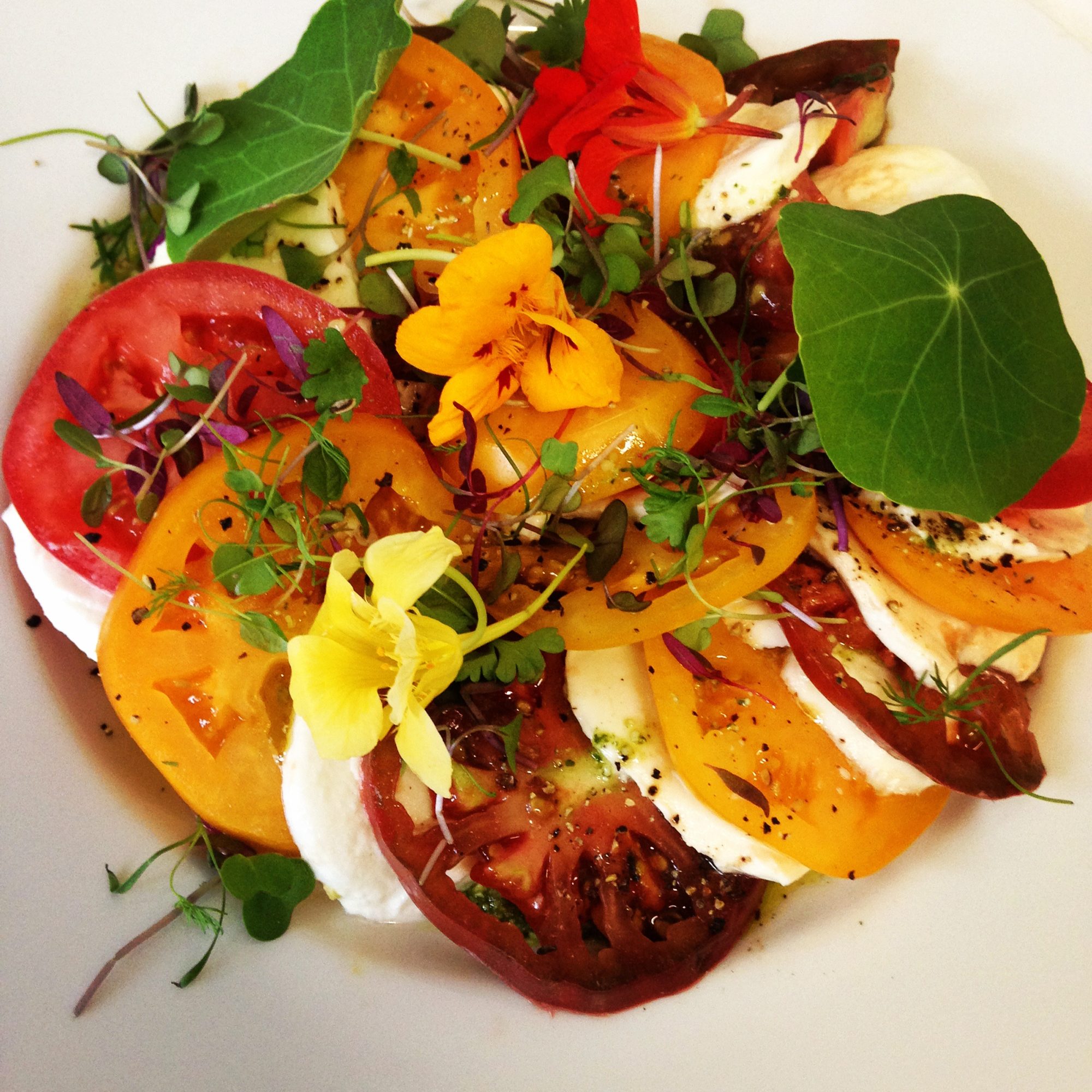 Heirloom tomato caprese with nasturtiums