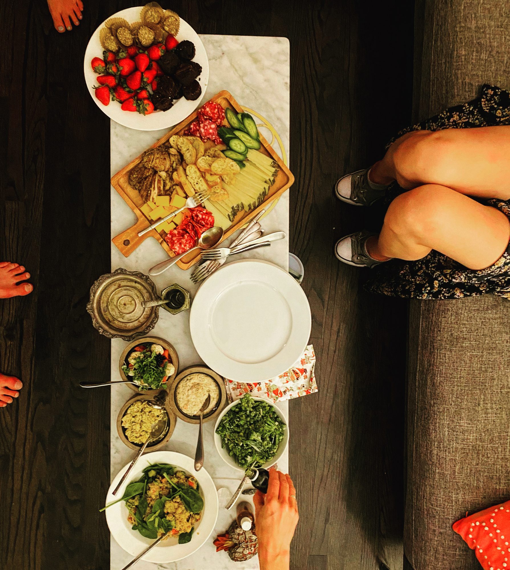A family-style table from above